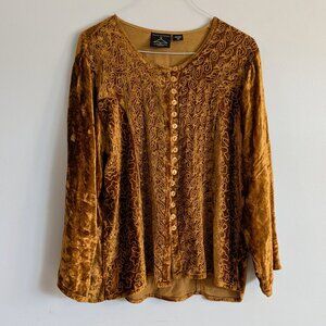 vintage 90s crushed velvet golden brown top 1X Embroidered renaissance